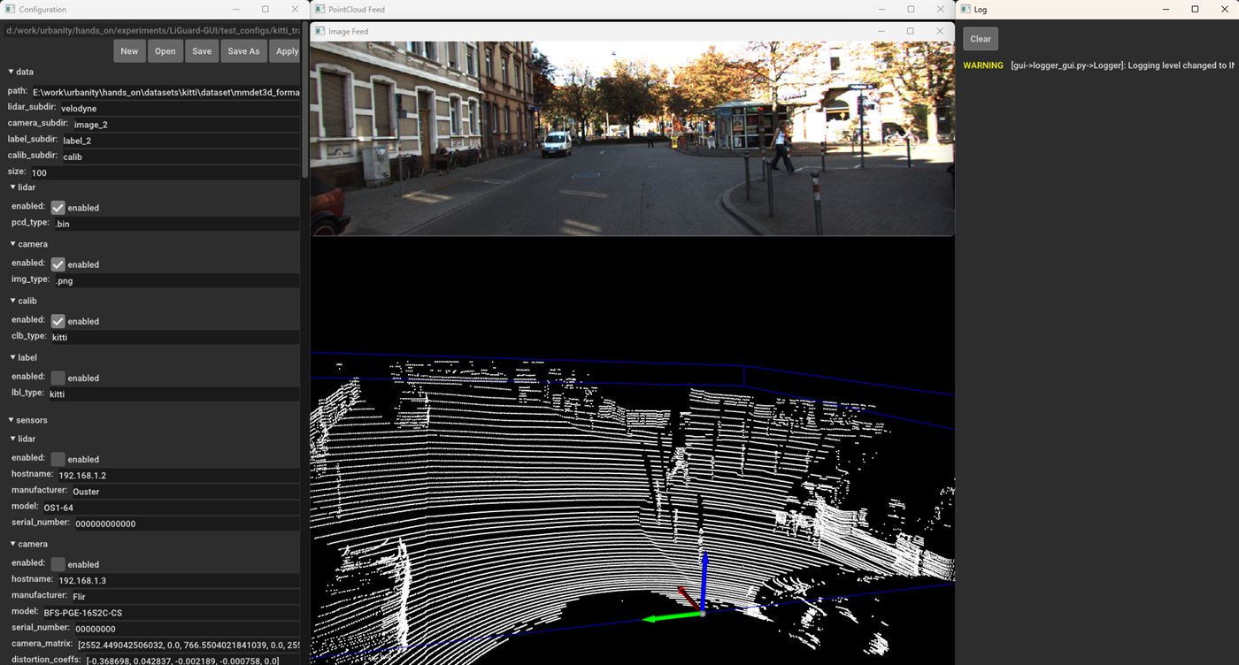 LiGuard's GUI rendering a roadside LiDAR intersection scene with detected vehicles and a camera image inset.