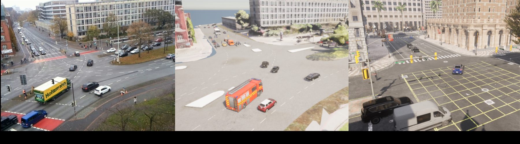 Three side-by-side panels: real-world intersection with vehicles, the matched digital-twin simulation, and the synthesized scene used for training.